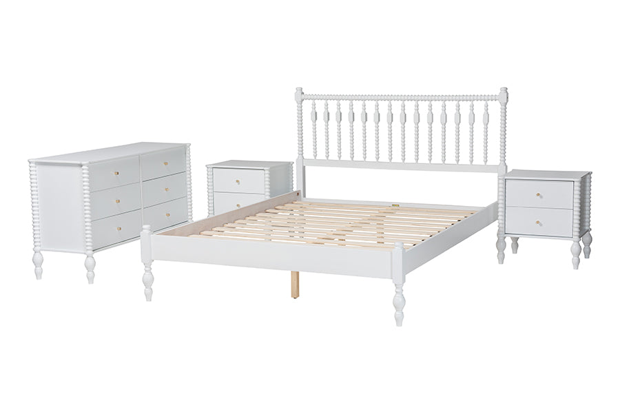Baxton Studio Callison Spindle 4-Piece Bedroom Set - Farmhouse Platform Bed with Matching Dresser and 2-Drawer Nightstands, White, Full
