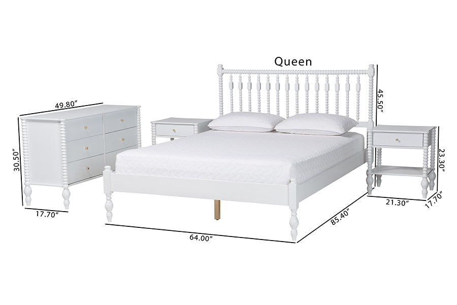Baxton Studio Denita Spindle 4-Piece Bedroom Set - Farmhouse Platform Bed with Matching Dresser and 1-Drawer Nightstands, White, Queen