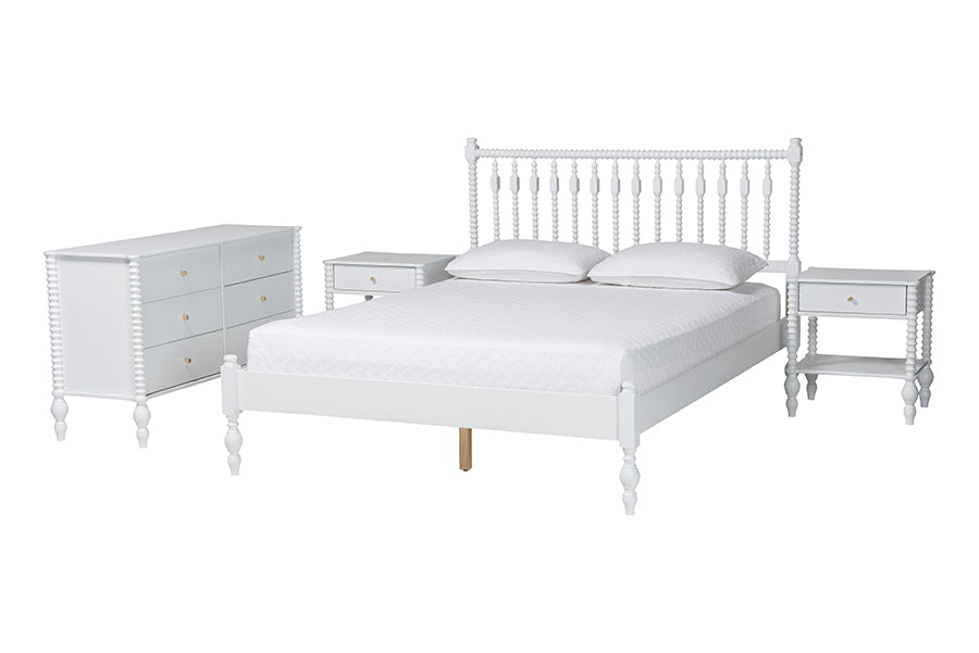 Baxton Studio Denita Spindle 4-Piece Bedroom Set - Farmhouse Platform Bed with Matching Dresser and 1-Drawer Nightstands, White, Queen