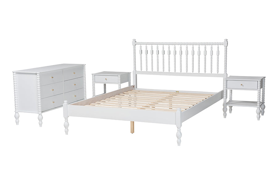 Baxton Studio Denita Spindle 4-Piece Bedroom Set - Farmhouse Platform Bed with Matching Dresser and 1-Drawer Nightstands, White, Full