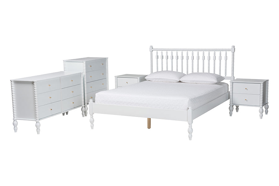Baxton Studio Callison Spindle 5-Piece Bedroom Set - Farmhouse Platform Bed with Matching Dresser, Chest, and 2-Drawer Nightstands, White, Queen