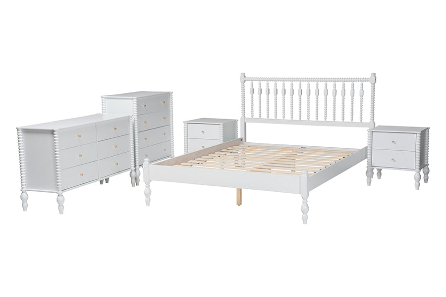 Baxton Studio Callison Spindle 5-Piece Bedroom Set - Farmhouse Platform Bed with Matching Dresser, Chest, and 2-Drawer Nightstands, White, Queen