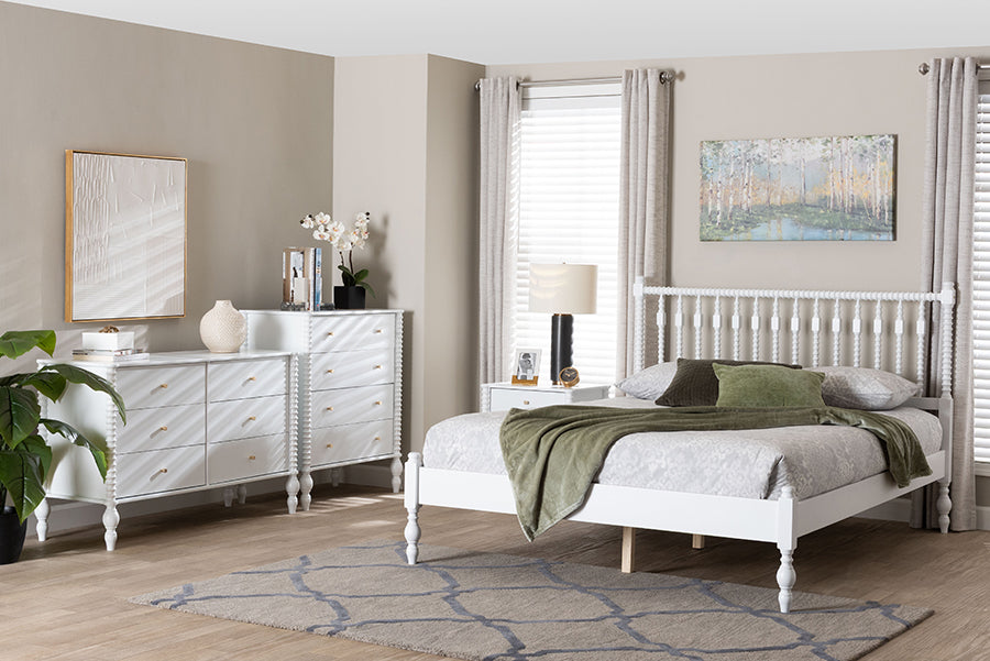 Baxton Studio Denita Spindle 4-Piece Bedroom Set - Farmhouse Platform Bed with Matching Dresser, Chest, and 1-Drawer Nightstand, White, Queen