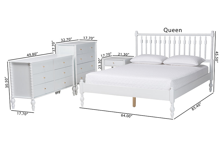 Baxton Studio Denita Spindle 4-Piece Bedroom Set - Farmhouse Platform Bed with Matching Dresser, Chest, and 1-Drawer Nightstand, White, Queen