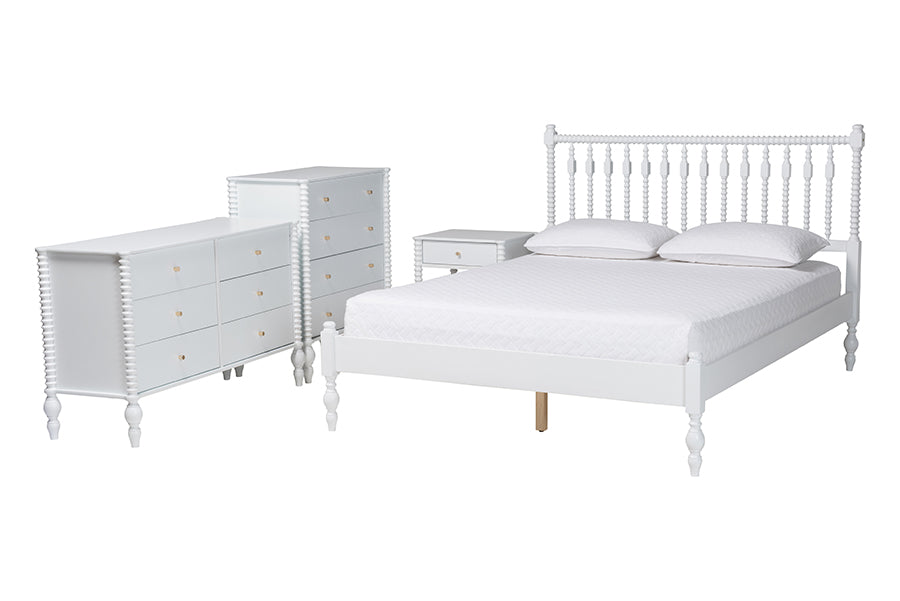 Baxton Studio Denita Spindle 4-Piece Bedroom Set - Farmhouse Platform Bed with Matching Dresser, Chest, and 1-Drawer Nightstand, White, Full