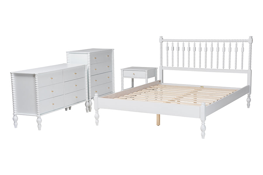 Baxton Studio Denita Spindle 4-Piece Bedroom Set - Farmhouse Platform Bed with Matching Dresser, Chest, and 1-Drawer Nightstand, White, Queen