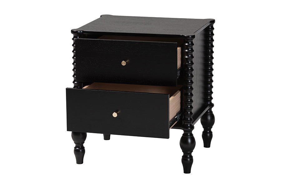 Baxton Studio Callison Spindle Nightstand - 2-Drawer Farmhouse Bedside Table with Turned Accents for Bedroom, Black