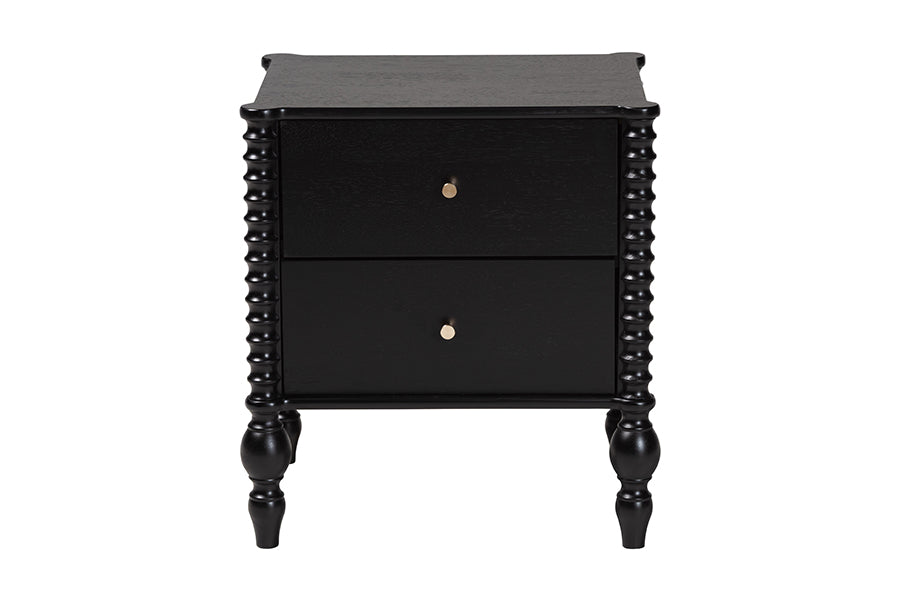 Baxton Studio Callison Spindle Nightstand - 2-Drawer Farmhouse Bedside Table with Turned Accents for Bedroom, Black