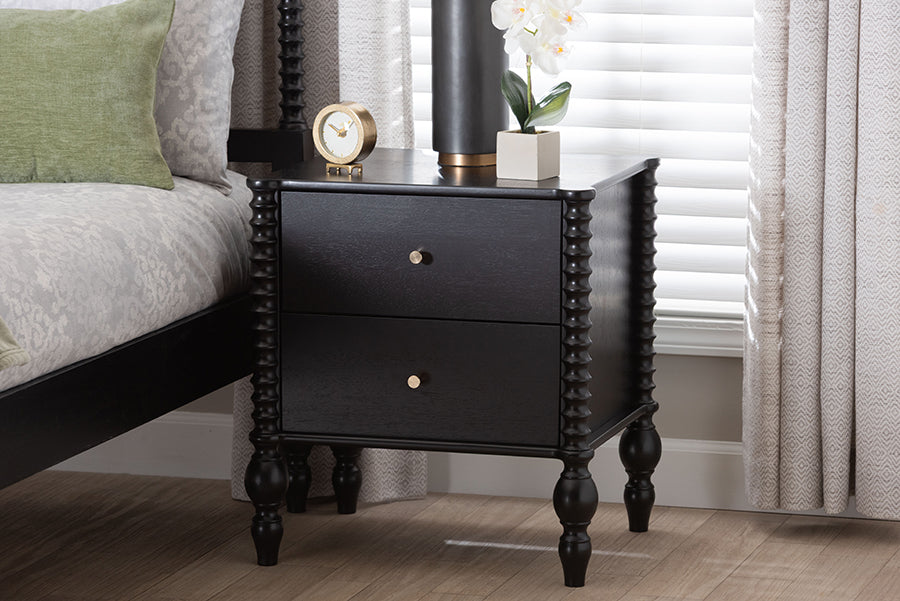 Baxton Studio Callison Spindle Nightstand - 2-Drawer Farmhouse Bedside Table with Turned Accents for Bedroom, Black