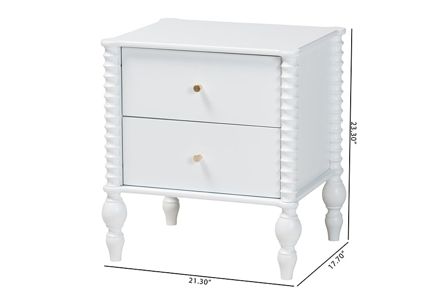 Baxton Studio Callison Spindle Nightstand - 2-Drawer Farmhouse Bedside Table with Turned Accents for Bedroom, White
