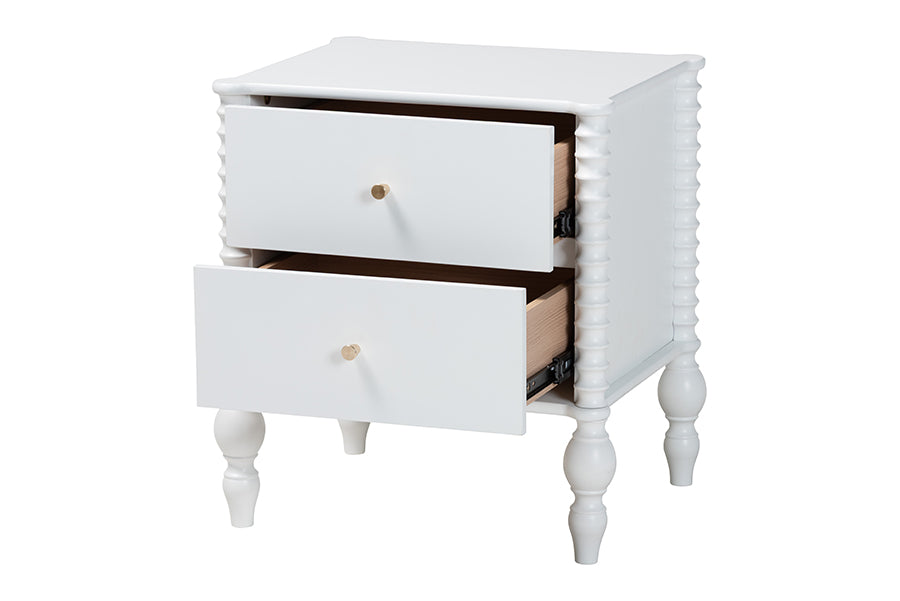 Baxton Studio Callison Spindle Nightstand - 2-Drawer Farmhouse Bedside Table with Turned Accents for Bedroom, White