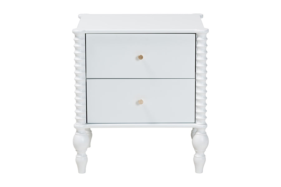 Baxton Studio Callison Spindle Nightstand - 2-Drawer Farmhouse Bedside Table with Turned Accents for Bedroom, White