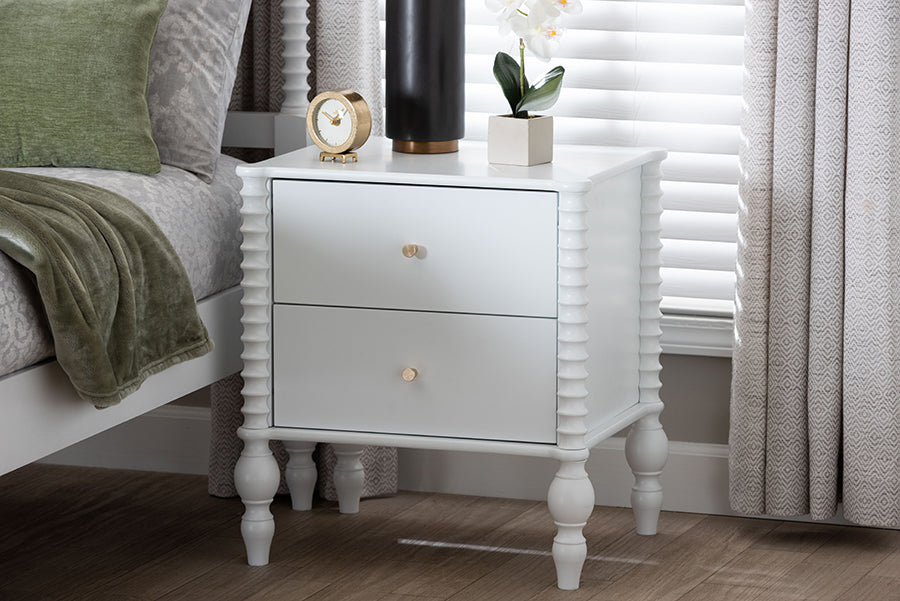 Baxton Studio Callison Spindle Nightstand - 2-Drawer Farmhouse Bedside Table with Turned Accents for Bedroom, White