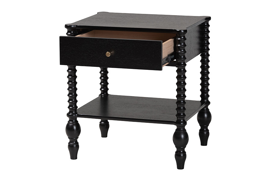 Baxton Studio Callison Spindle Nightstand - 1-Drawer Farmhouse Bedside Table with Open Shelf Storage and Turned Accents for Bedroom, Black