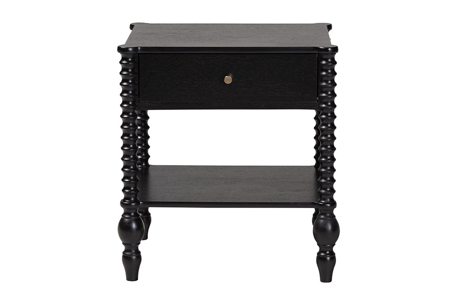 Baxton Studio Callison Spindle Nightstand - 1-Drawer Farmhouse Bedside Table with Open Shelf Storage and Turned Accents for Bedroom, Black