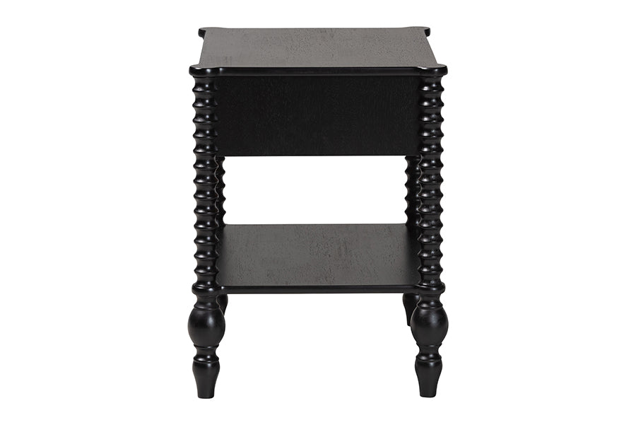 Baxton Studio Callison Spindle Nightstand - 1-Drawer Farmhouse Bedside Table with Open Shelf Storage and Turned Accents for Bedroom, Black