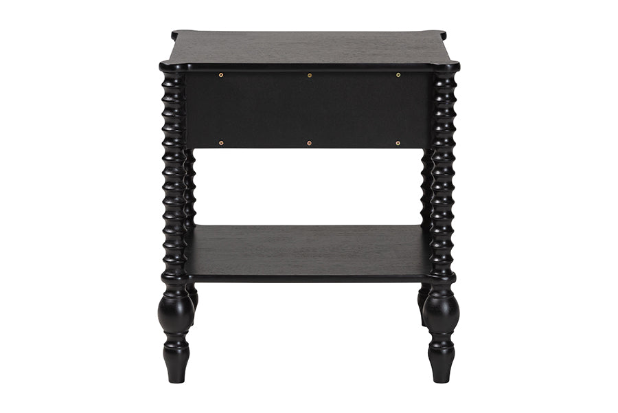 Baxton Studio Callison Spindle Nightstand - 1-Drawer Farmhouse Bedside Table with Open Shelf Storage and Turned Accents for Bedroom, Black