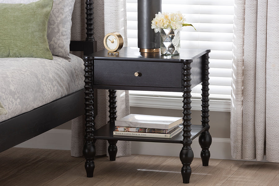 Baxton Studio Callison Spindle Nightstand - 1-Drawer Farmhouse Bedside Table with Open Shelf Storage and Turned Accents for Bedroom, Black