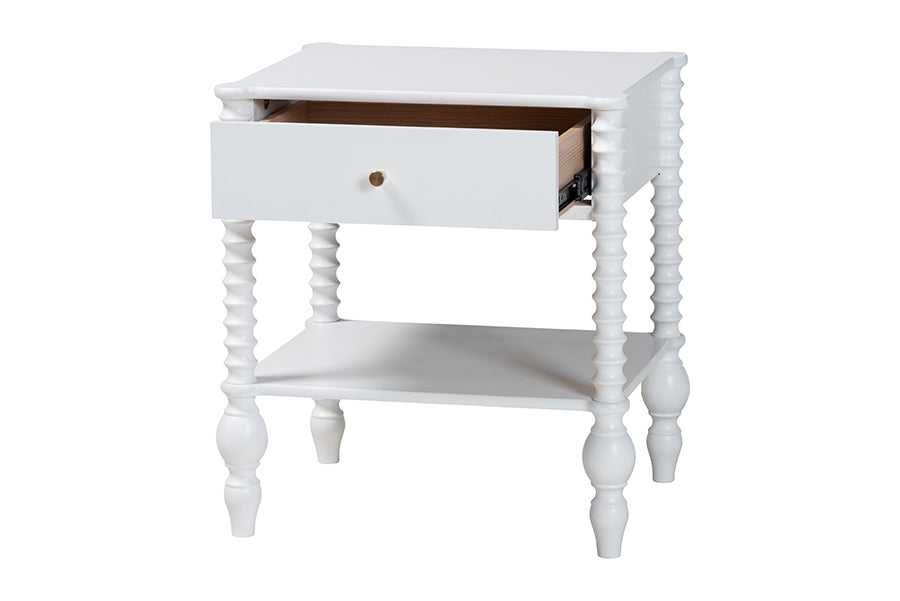 Baxton Studio Callison Spindle Nightstand - 1-Drawer Farmhouse Bedside Table with Open Shelf Storage and Turned Accents for Bedroom, White