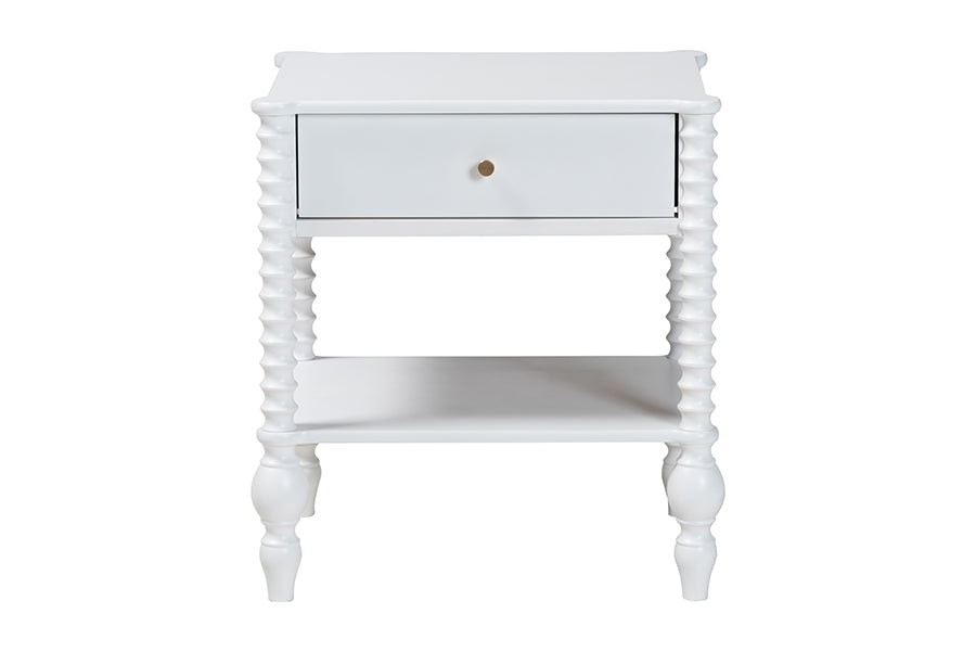 Baxton Studio Callison Spindle Nightstand - 1-Drawer Farmhouse Bedside Table with Open Shelf Storage and Turned Accents for Bedroom, White