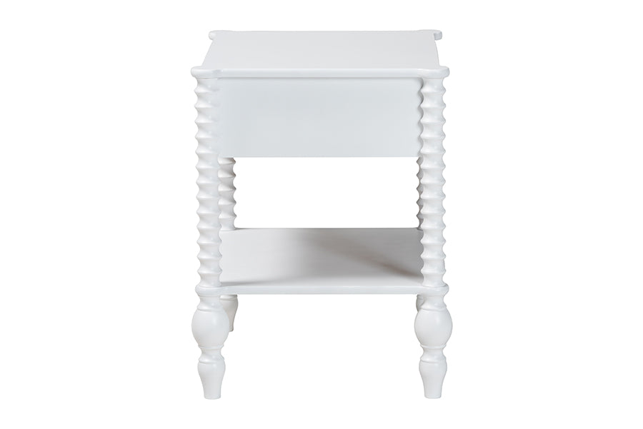 Baxton Studio Callison Spindle Nightstand - 1-Drawer Farmhouse Bedside Table with Open Shelf Storage and Turned Accents for Bedroom, White
