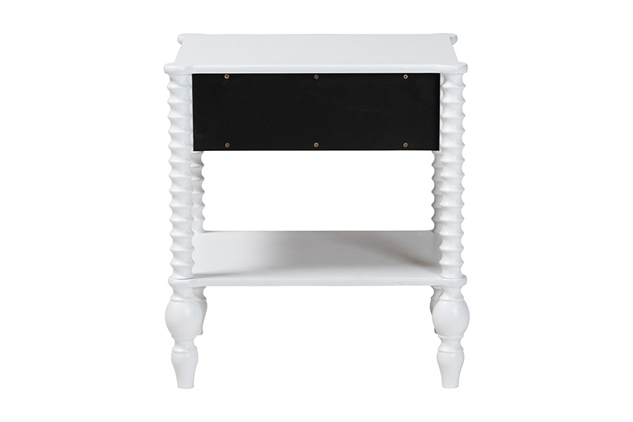 Baxton Studio Callison Spindle Nightstand - 1-Drawer Farmhouse Bedside Table with Open Shelf Storage and Turned Accents for Bedroom, White