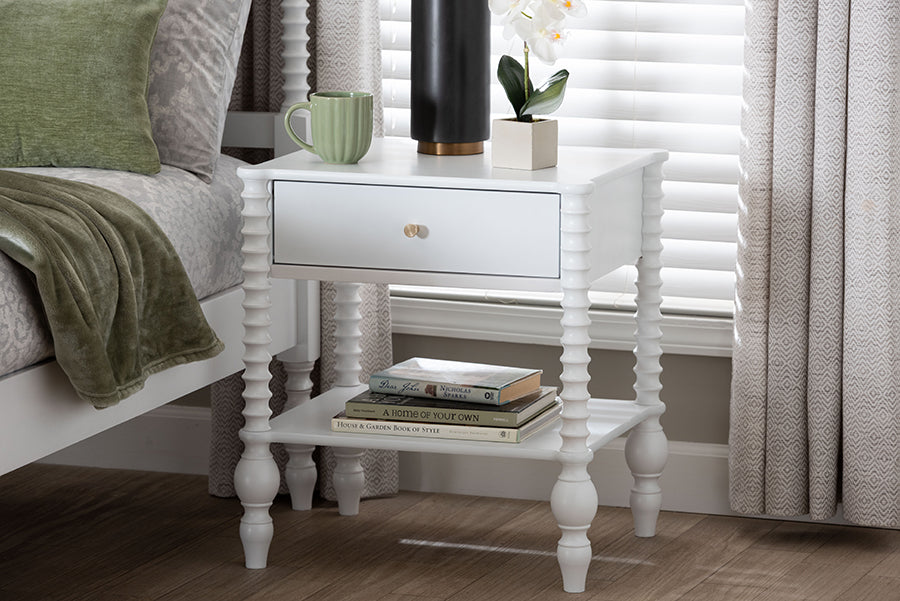 Baxton Studio Callison Spindle Nightstand - 1-Drawer Farmhouse Bedside Table with Open Shelf Storage and Turned Accents for Bedroom, White