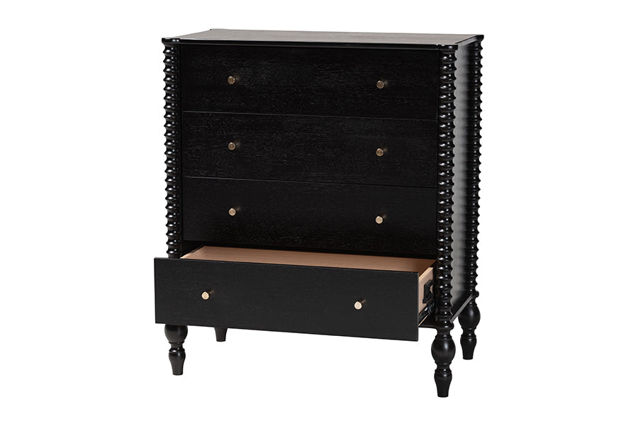 Baxton Studio Callison Spindle Chest - 4-Drawer Farmhouse Vertical Cabinet with Turned Accents for Bedroom, Black