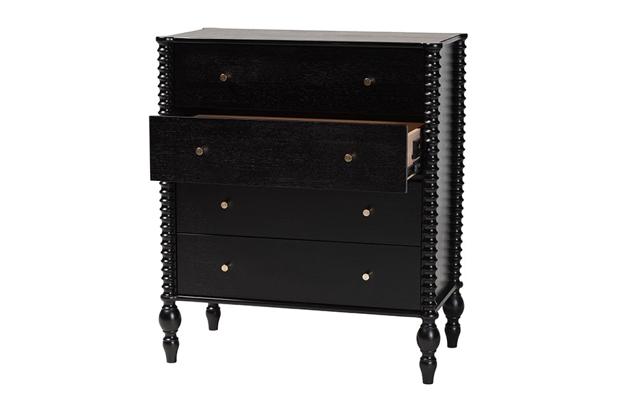 Baxton Studio Callison Spindle Chest - 4-Drawer Farmhouse Vertical Cabinet with Turned Accents for Bedroom, Black