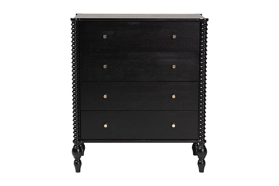 Baxton Studio Callison Spindle Chest - 4-Drawer Farmhouse Vertical Cabinet with Turned Accents for Bedroom, Black