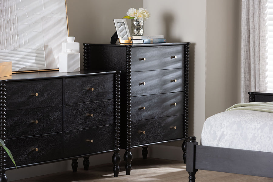 Baxton Studio Callison Spindle Chest - 4-Drawer Farmhouse Vertical Cabinet with Turned Accents for Bedroom, Black