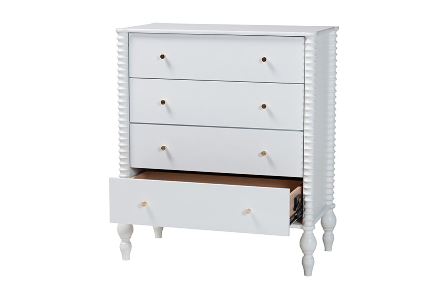 Baxton Studio Callison Spindle Chest - 4-Drawer Farmhouse Vertical Cabinet with Turned Accents for Bedroom, White