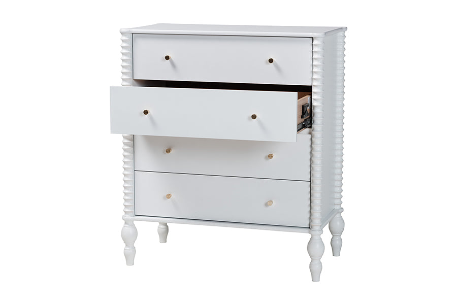 Baxton Studio Callison Spindle Chest - 4-Drawer Farmhouse Vertical Cabinet with Turned Accents for Bedroom, White