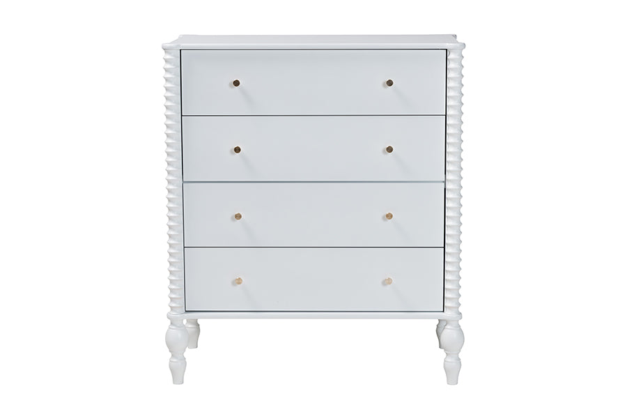 Baxton Studio Callison Spindle Chest - 4-Drawer Farmhouse Vertical Cabinet with Turned Accents for Bedroom, White