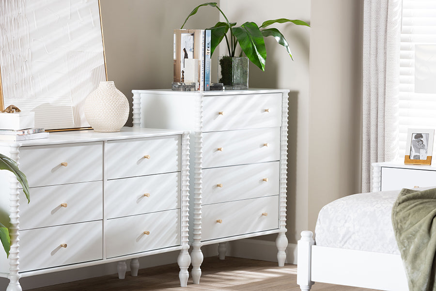 Baxton Studio Callison Spindle Chest - 4-Drawer Farmhouse Vertical Cabinet with Turned Accents for Bedroom, White