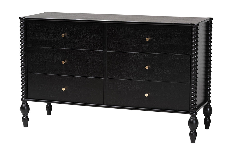Baxton Studio Callison Spindle Dresser - 6-Drawer Farmhouse Horizontal Cabinet with Turned Accents for Bedroom, Black