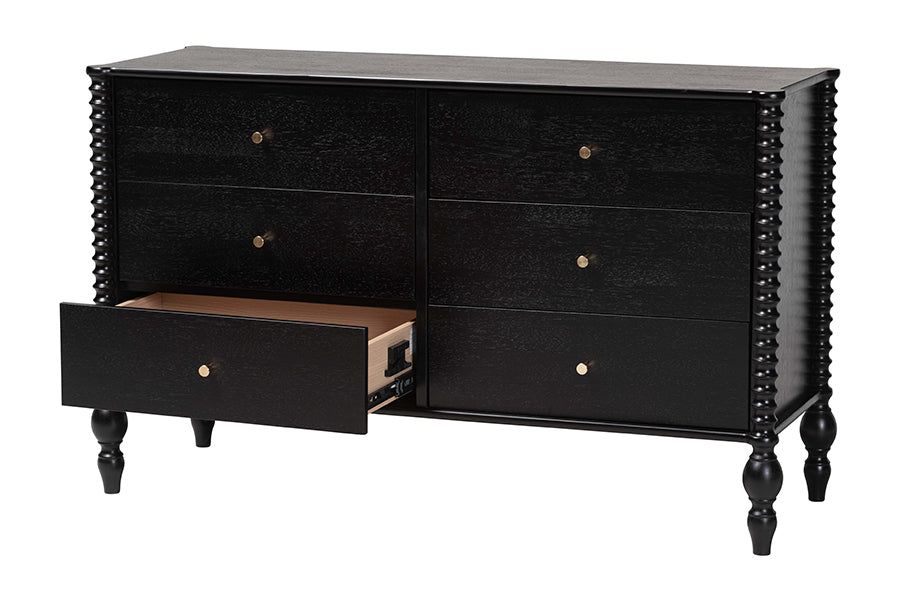 Baxton Studio Callison Spindle Dresser - 6-Drawer Farmhouse Horizontal Cabinet with Turned Accents for Bedroom, Black