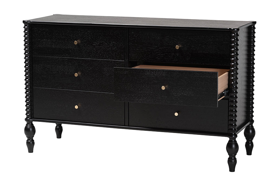 Baxton Studio Callison Spindle Dresser - 6-Drawer Farmhouse Horizontal Cabinet with Turned Accents for Bedroom, Black
