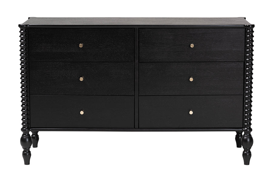 Baxton Studio Callison Spindle Dresser - 6-Drawer Farmhouse Horizontal Cabinet with Turned Accents for Bedroom, Black
