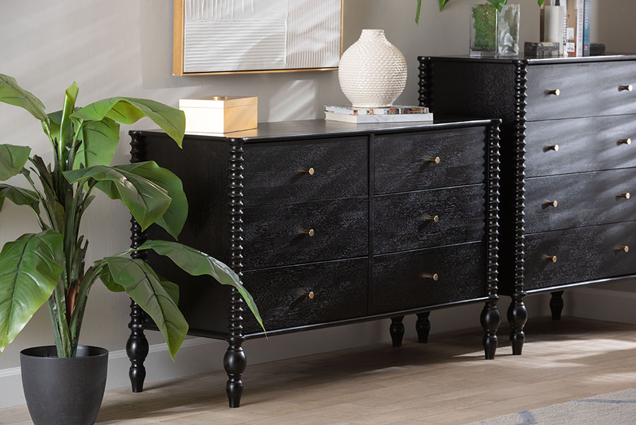 Baxton Studio Callison Spindle Dresser - 6-Drawer Farmhouse Horizontal Cabinet with Turned Accents for Bedroom, Black