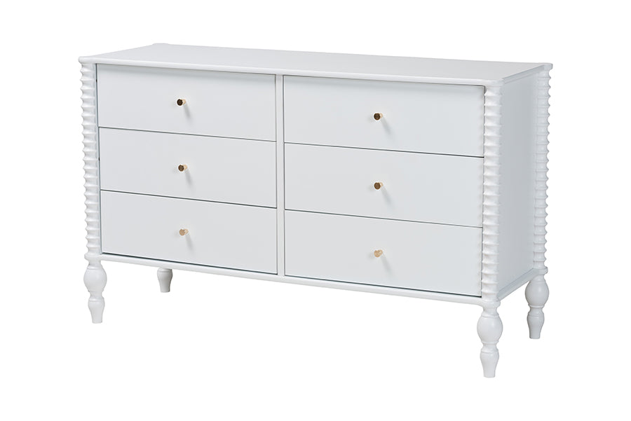 Baxton Studio Callison Spindle Dresser - 6-Drawer Farmhouse Horizontal Cabinet with Turned Accents for Bedroom, White