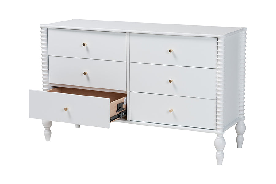Baxton Studio Callison Spindle Dresser - 6-Drawer Farmhouse Horizontal Cabinet with Turned Accents for Bedroom, White