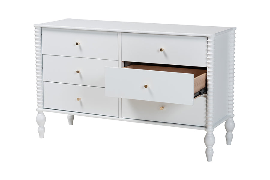 Baxton Studio Callison Spindle Dresser - 6-Drawer Farmhouse Horizontal Cabinet with Turned Accents for Bedroom, White