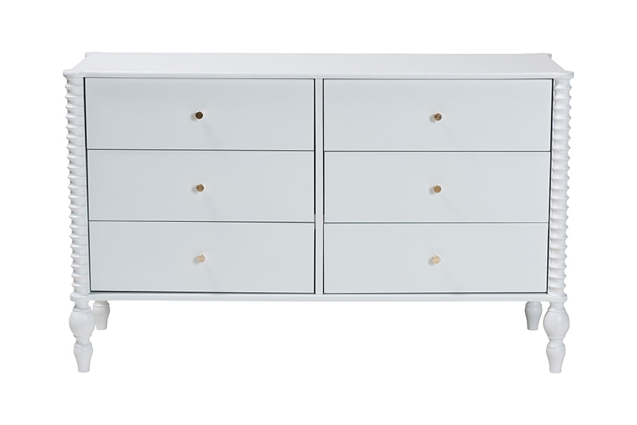 Baxton Studio Callison Spindle Dresser - 6-Drawer Farmhouse Horizontal Cabinet with Turned Accents for Bedroom, White