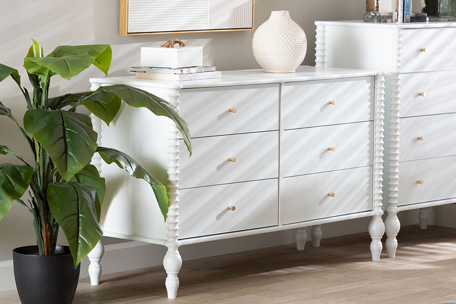 Baxton Studio Callison Spindle Dresser - 6-Drawer Farmhouse Horizontal Cabinet with Turned Accents for Bedroom, White