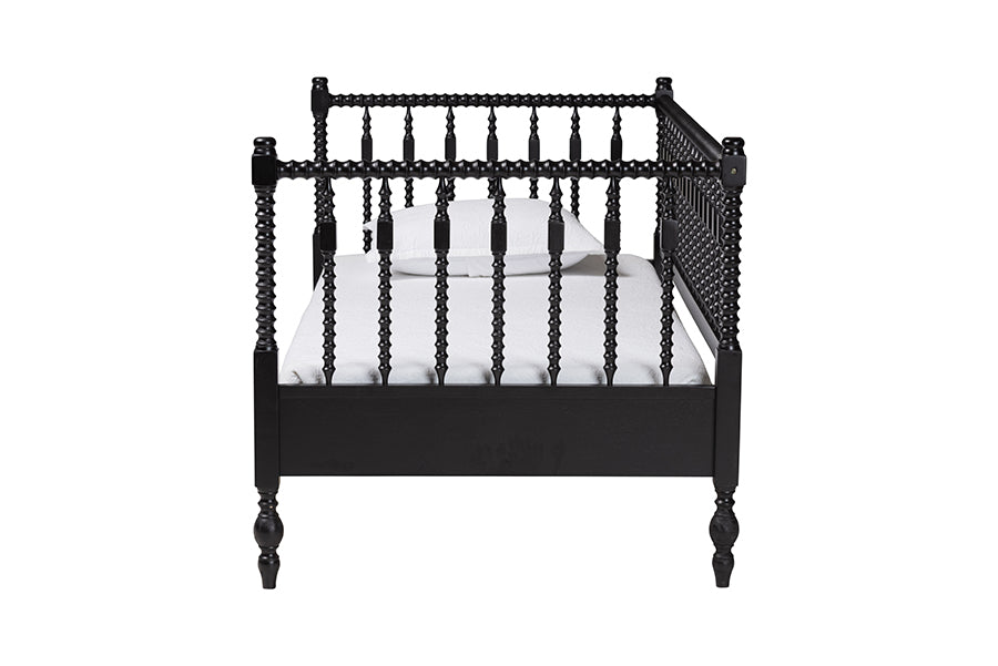Baxton Studio Callison Spindle Daybed - Turned Farmhouse Sofa Bed with Spoked Frame Border for Living Room, Guest Room, or Kids Room, Black, Twin