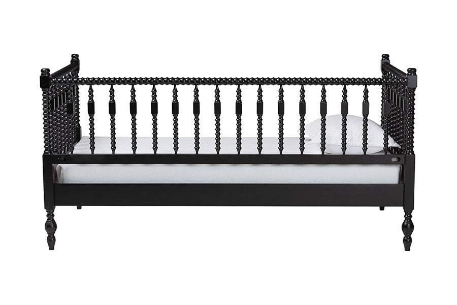 Baxton Studio Callison Spindle Daybed - Turned Farmhouse Sofa Bed with Spoked Frame Border for Living Room, Guest Room, or Kids Room, Black, Twin