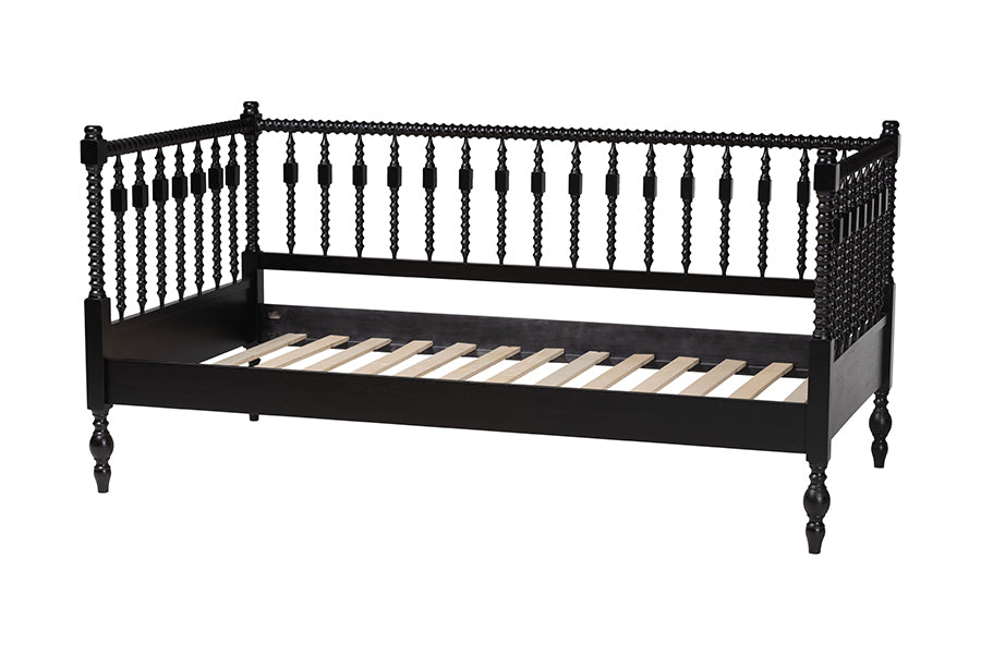 Baxton Studio Callison Spindle Daybed - Turned Farmhouse Sofa Bed with Spoked Frame Border for Living Room, Guest Room, or Kids Room, Black, Twin