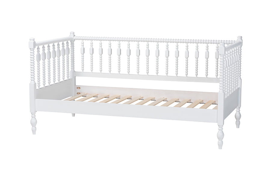 Baxton Studio Callison Spindle Daybed - Turned Farmhouse Sofa Bed with Spoked Frame Border for Living Room, Guest Room, or Kids Room, White, Twin