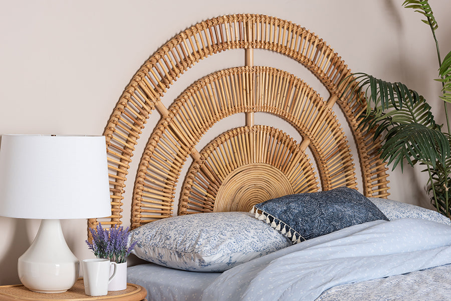 bali & pari Luna Natural Rattan Headboard - Handwoven Wicker Wall-Mount Headboard in Half-Moon Shape, Coastal Boho Bedroom Backdrop, Queen